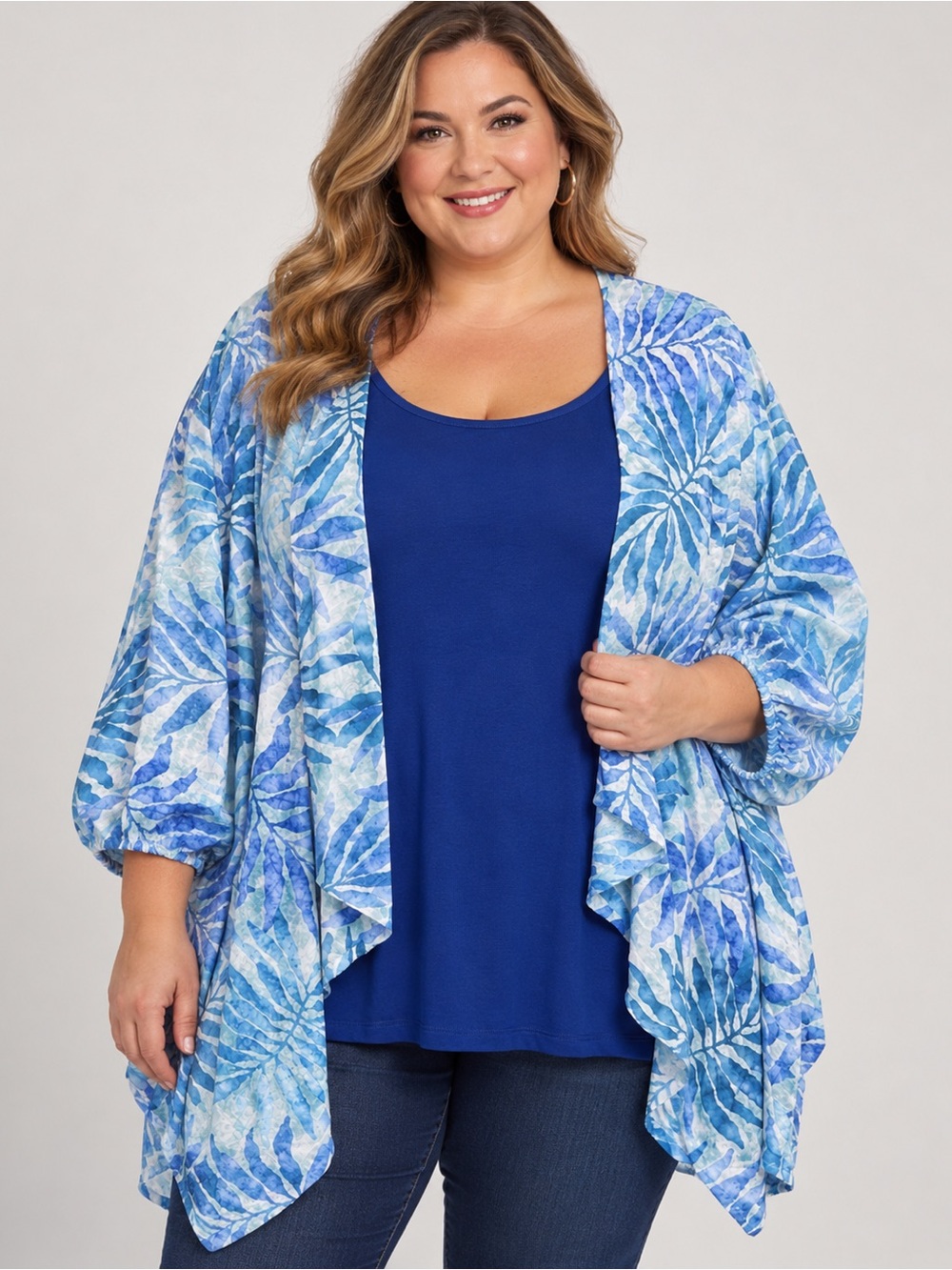 Susan Graver 5X Petite Blue Tropical Cardigan Tank 2 Piece Set NEW A689878